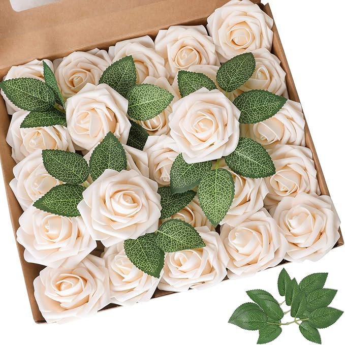 AmyHomie Artificial Flowers Champagne Rose 50pcs Real Looking Fake Roses w/Stem for DIY Wedding Bouquets Centerpieces Arrangements Party Baby Shower Home Decorations