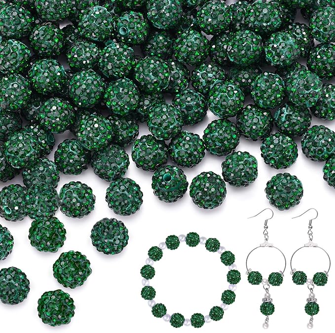 150 pcs 10mm Rhinestone Beads for Jewelry Making, Dark Green Shiny Round Shamballa Disco Beads Bulk, Sparkle Crystal Clay Christmas for Bracelet Baseball Necklace Earring Crafting and DIY