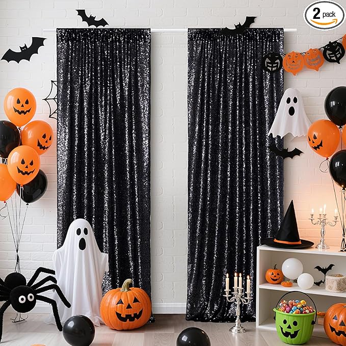 Poise3EHome 2Pcs 3Ft x 8Ft Black Sequin Backdrop Curtain, Glitter Photography Background, Sequence Xmas Thanksgiving Backdrop for Wedding Party Holiday Festival Decor