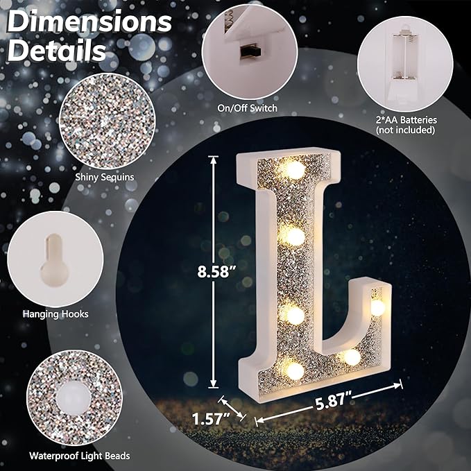 Marquee Light Up Letters, Glitter Silver LED Letter Lights Battery Powered Alphabet Letter Sign for Night Light Wedding Birthday Party Cafe Bar Decoration Girls Room Decor - Letter L