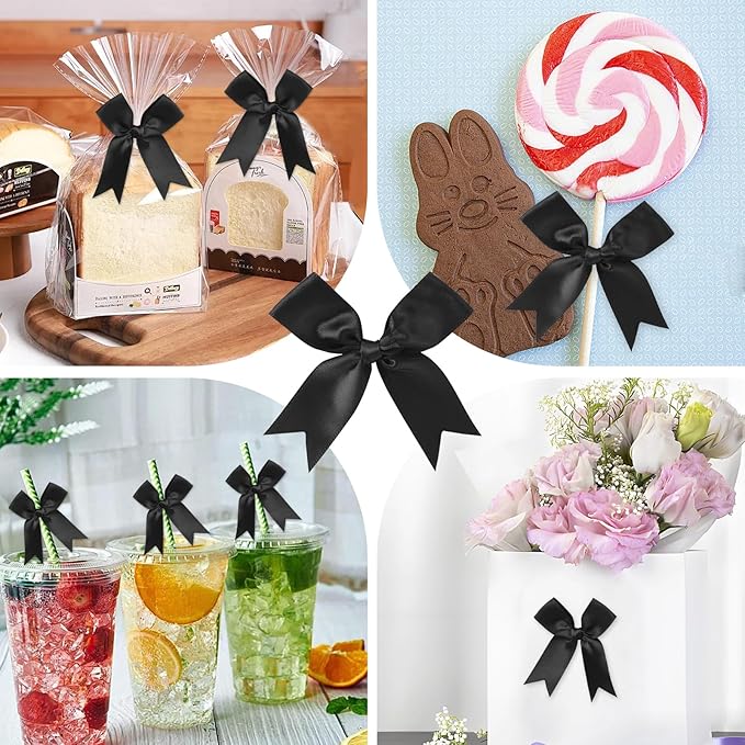 Feluwi Black Gift Wrap Bows (50 Pcs) - 3.3 Inch Elegant Plastic-Free Bows for Christmas Gifts, Birthday Presents, Wedding Friendly Party Supplies, Baby Shower, Gift Bags Decorative Accessories
