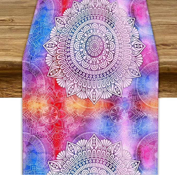 Vintage Mandala Table Runner, Bohemian Indian Purple Starry Colorful Floral Print Table Runner for Home Kitchen Dining Table Party Decor, 13x120inch