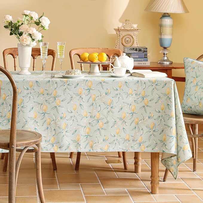 patdrea Designer Linen Green Tablecloth for Rectangle Table,Vintage Breathable Yellow Fruits Pattern Table Cloth,Decoration Cover for Kitchen Dining,Christmas,Thanksgiving,Party,63"x87"-Ania a