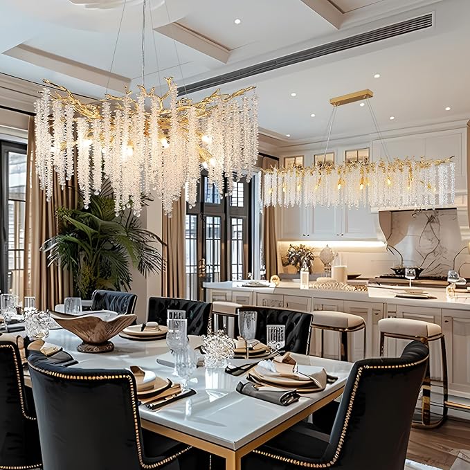 YUYI Gold Crystal Chandelier, Modern 60" Rectangular Chandeliers for Dining Room,K9 Large Luxury Flush Mount Chandelier for Foyer Living Room,Kitchen Island Hanging Light Fixture