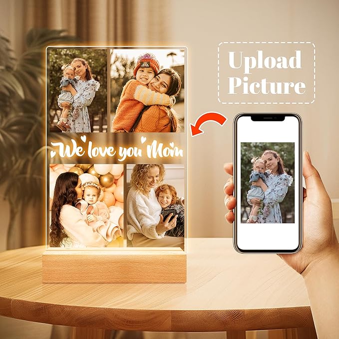 Personalized Picture Frame with Night Light, Customized Photo Frame with Photos, Customized Photo Gifts for Mom Girls Boys, Personalized Birthday Gifts for Mom, Kids, Baby, Family