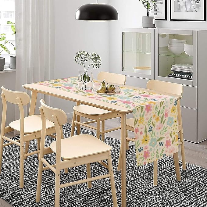 Floral Table Runner, Boho Style Watercolor Flower Green Leaf Plant Rectangle Table Decoration for Dining, Party, Holiday,13in（33cm） W * 36in（92cm） L