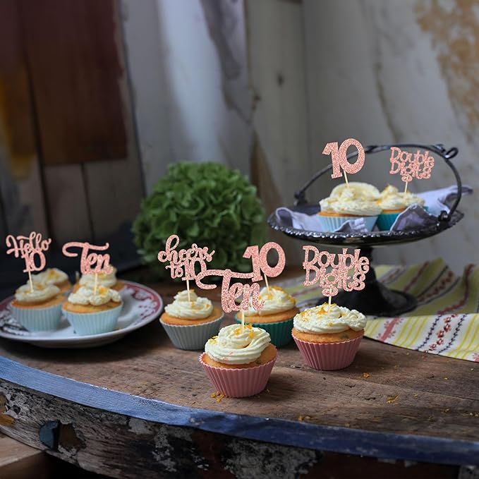 30Pcs 10th Birthday Cupcake Toppers Ten Double Hello 10 Cupcake Picks Cheers to 10 Years Old Cake Decorations for 10th Birthday Party Supplies Rose Gold Glitter