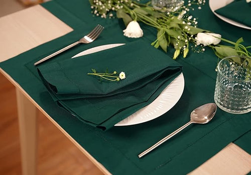 100% Pure Linen Green Napkins 20 x 20 Inch - Hemstitch Christmas Dinner Napkins Set of 4 - Cloth Fabric Napkins for Thanksgiving, Winter, New Year - Elara