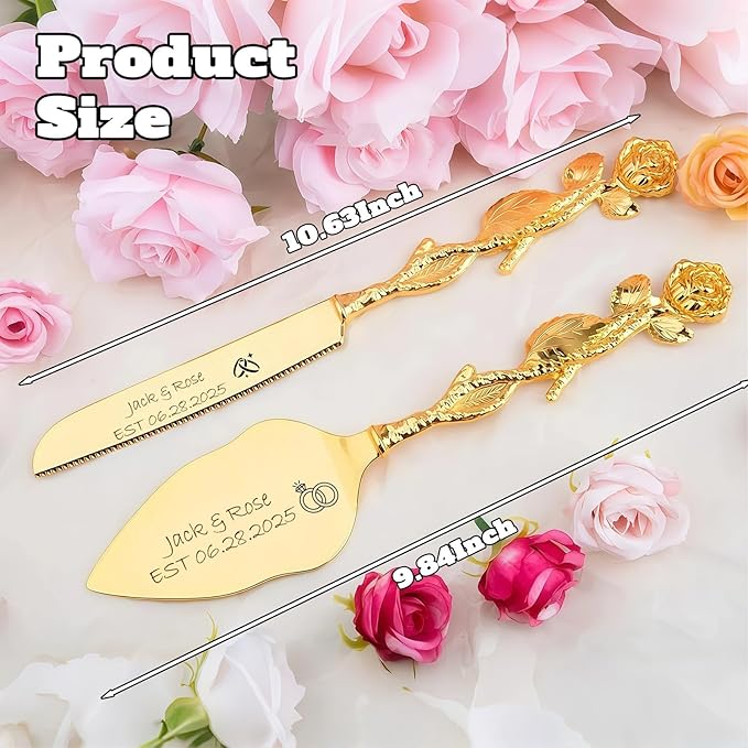 Personalized Wedding Cake Knife and Server Set, Custom Name/Date Cake Cutting Set for Wedding, Customized Cake Cutter for Bridal Anniversary Birthday Couple Gifts (Rose-Gold)