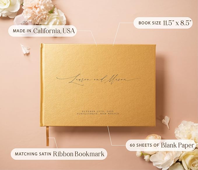 MUUJEE Personalized Guestbook in Gold - Premium Custom Modern Guest Book for Wedding Reception, Birthday Party or Events w/Bookmark Blank Pages for Signing 11.5 x 8.5 inches