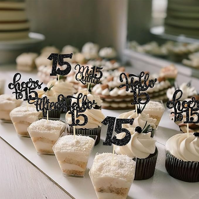 30Pcs 15th Birthday Cupcake Toppers Fifteen Cupcake Picks Cheers to 15 Years Old Mis Quince 15 Cake Decorations for 15th Birthday Anniversary Party Black Glitter