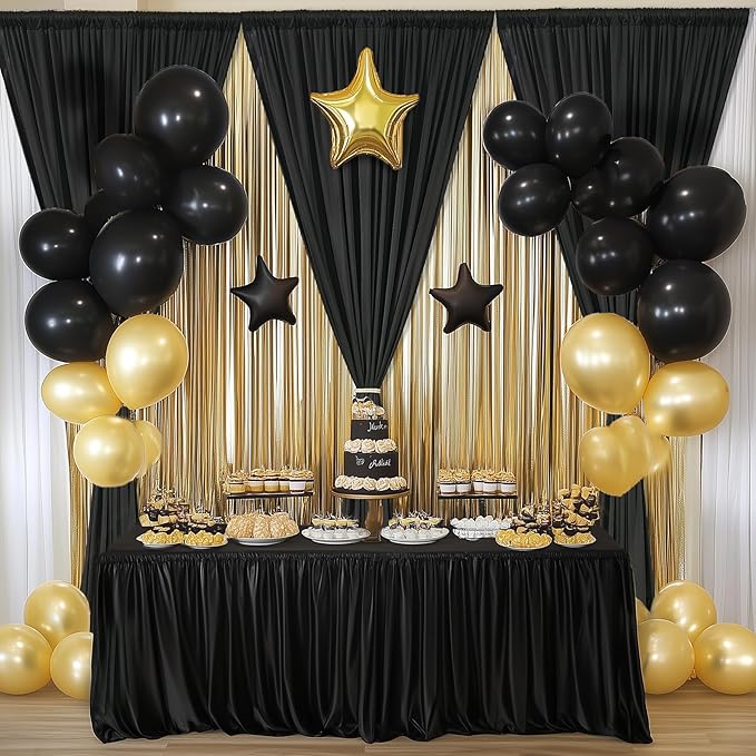 20x12ft Wrinkle Free Black Backdrop Curtain for Wedding Parties, 4 Panels 5×12 ft Long Soft Silky Polyester Fabric Backdrop Drapes Black Photo Back Drop Curtains for Party Photography Background Cloth