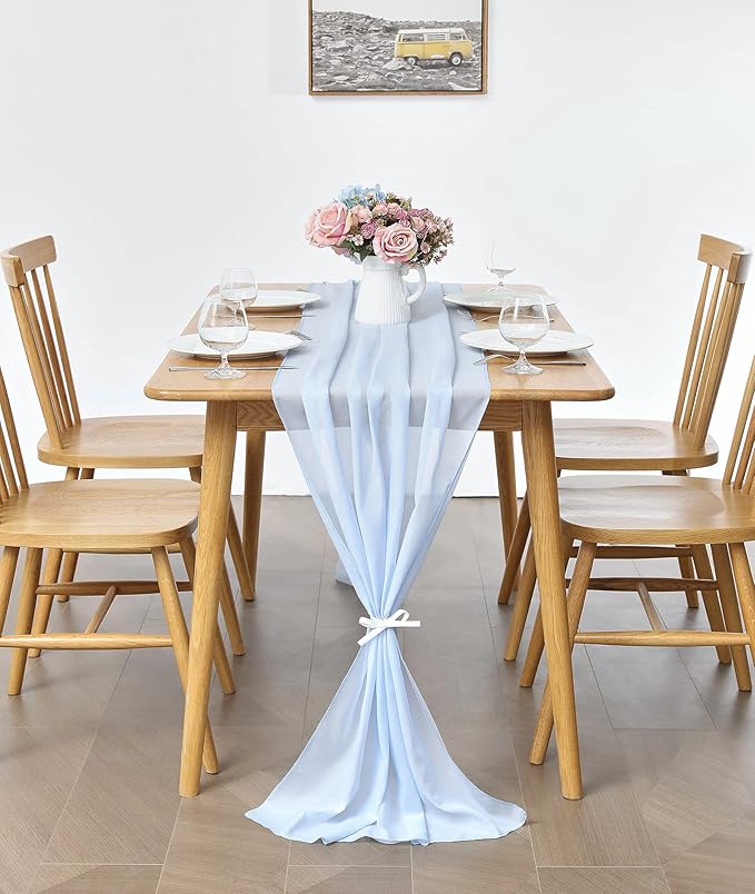 2 Pack 10Ft Baby Blue Chiffon Table Runner Sheer 29x120 Inch for Romantic Wedding Decor Bridal & Baby Shower Birthday Rustic Party Decoration