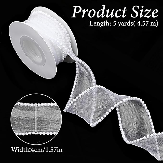 1.5 Inch Faux Pearl Ribbon, Smooth White Ribbon with Pearl Edges Wire, 4.5m Sheer Mesh Ribbons for Gift Wrapping, Bows Bouquet Decor Crafts, Wedding Bridal Decorations
