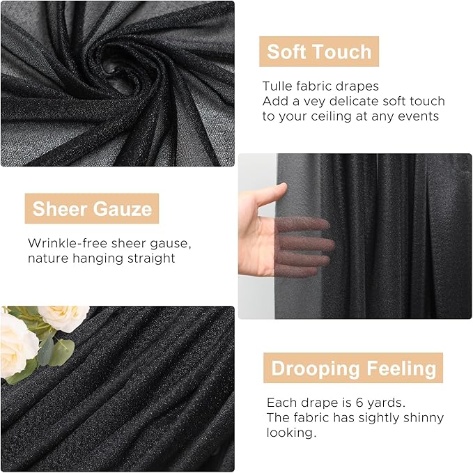Wokceer Black Wedding Arch Draping Fabric Backdrop 4 Panels 28.7" X 20FT Sheer Drapes Fabric for Wedding Arbor Ceremony Party