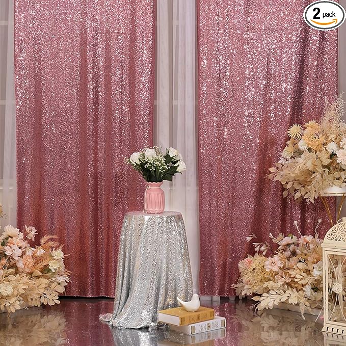 Poise3EHome 2Pcs 3Ft x 8Ft Fuchsia Pink Sequin Backdrop Curtain, Glitter Photography Background, Sequence Xmas Thanksgiving Backdrop for Wedding Party Holiday Festival Decor