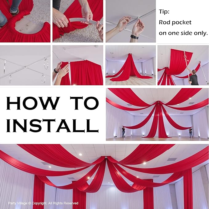 PartyVillage 4 Panels 5ftx30ft Red Ceiling Drapes for Wedding Parties – 30 FT Extra Long Thick Polyester Wrinkle-Free Drapery Tent Decor Decorations for Birthday Party Ceremony Stage Swag