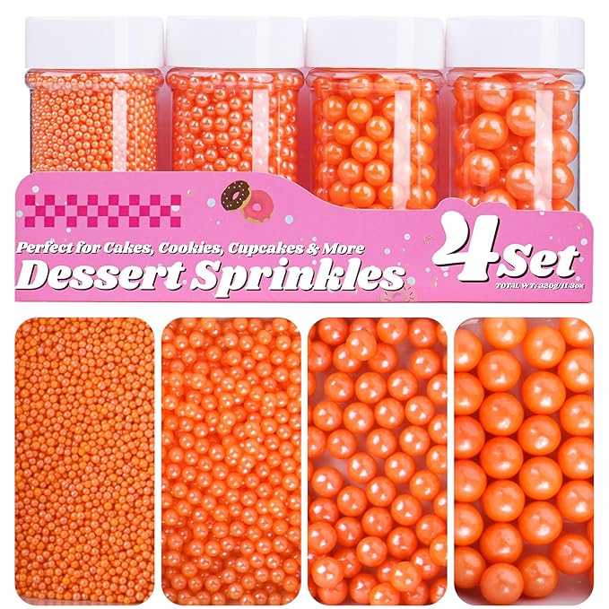 Orange Pearl Sprinkles for Cake Decorating, 11.3 Oz Edible Pearls Sugar 4 Sizes Gift Box Set for Baking Cookie Ice Cream Cupcake Toppings