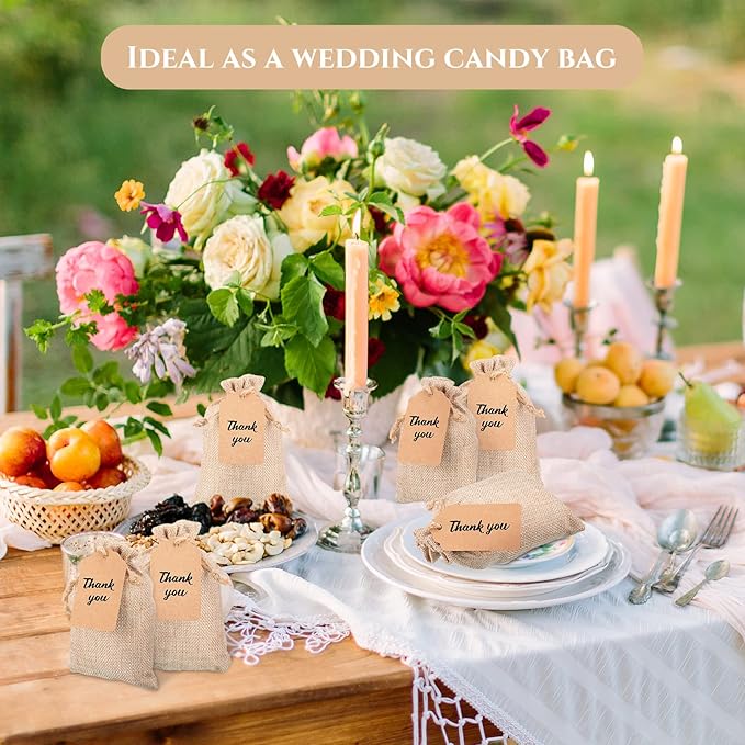 Woanger 100 Pcs Burlap Gift Bags with 100 Pcs Kraft Paper Gift Tags Drawstring Favor Bulk Burlap Sack Bags for DIY Wedding Party Craft(3 x 4 Inch,Light Brown)