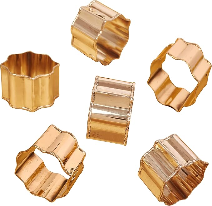 Finely Handcrafted Brass Base Beautiful Faceted Pattern Large Size Party Dining Table Napkin Holders in Gold Tone. (Set of 6).