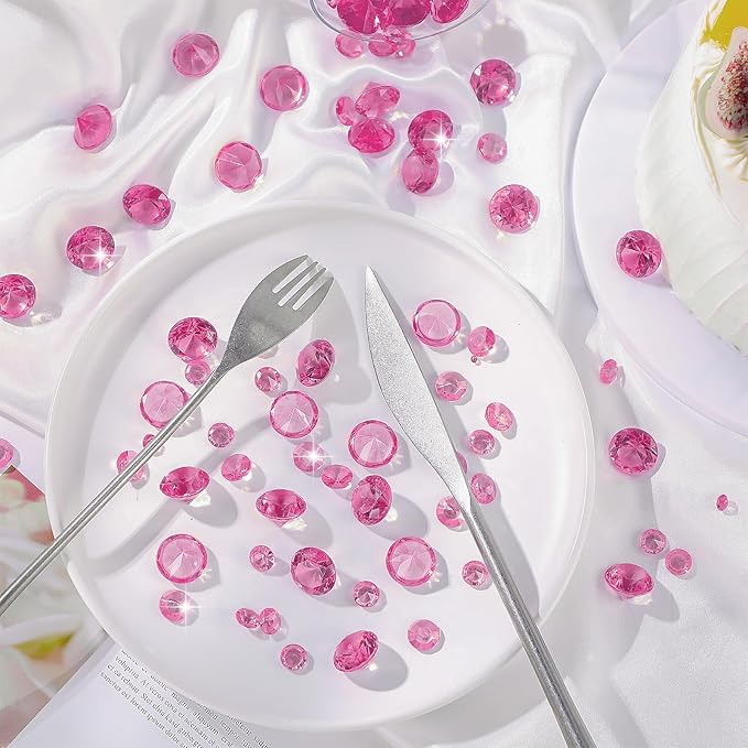 Hicarer 800 Pieces Diamond Decorations Acrylic Diamond Table Scatter Crystals for Table for Vase Fillers Party Decorations(20, 12, 10, 6, 3mm,Pink)