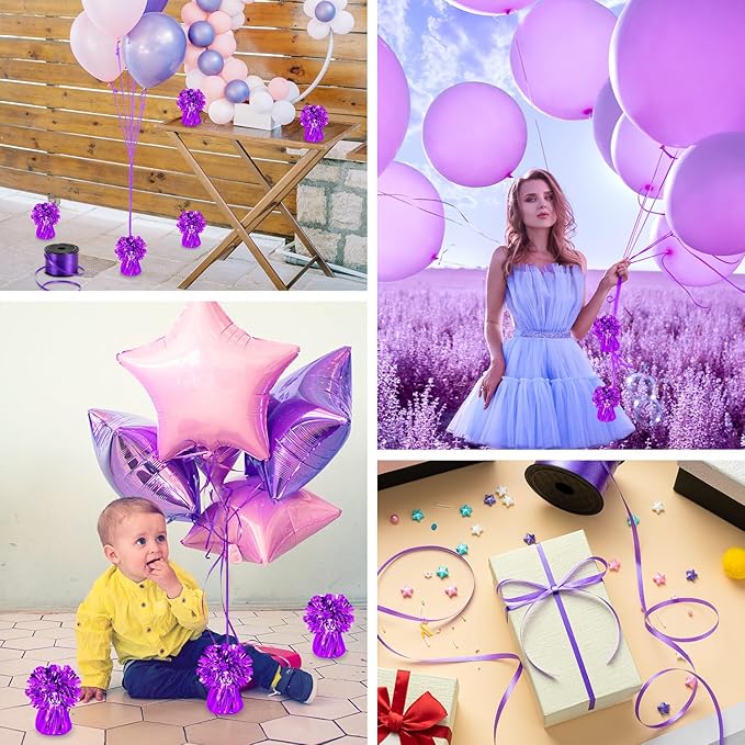 24 PCS Balloon Weights Metallic Anchor, Balloon Holder Heavy Weights with 1 Roll Purple Crimped Ribbon for Balloons Table Party Favor Birthday Decor(Purple)