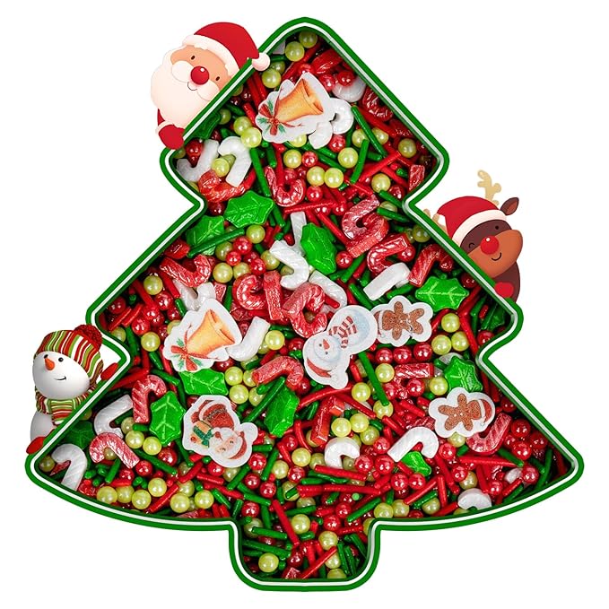 Edible Christmas Sprinkles for Cake Decorating,130g White Red Candy Cane,Red Green Pearls and Jimmies, Christmas Trees and Theme Glutinous Rice Paper,Sugar Holiday sprinkle for Cupcake Toppers, Cookie, Ice Cream Decorations Party Supplies