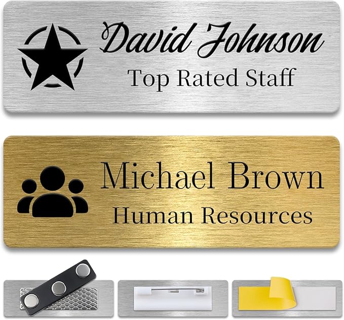 Metal Custom Name Tags – Personalized Engraved Name Badges with Pin, Magnetic or Adhesive Backing, 1×3 Inch ID Badge(Silver)