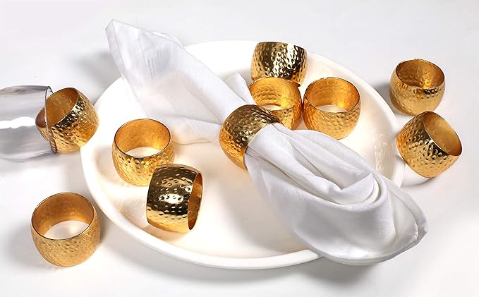 Metal Napkin Rings Set of 6 – Handmade Curved Napkin Holders in Shimmer Gold, Elegant Table Décor for Weddings, Dinner Parties, Family Gatherings & Everyday Use