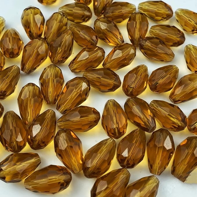 50pcs 10x15mm Teardrop Crystal Glass Beads Vertical Hole Faceted Glass Teardrop Spacer Beads for Bracelets Necklace Earring DIY Jewelry Making Craft(Amber)