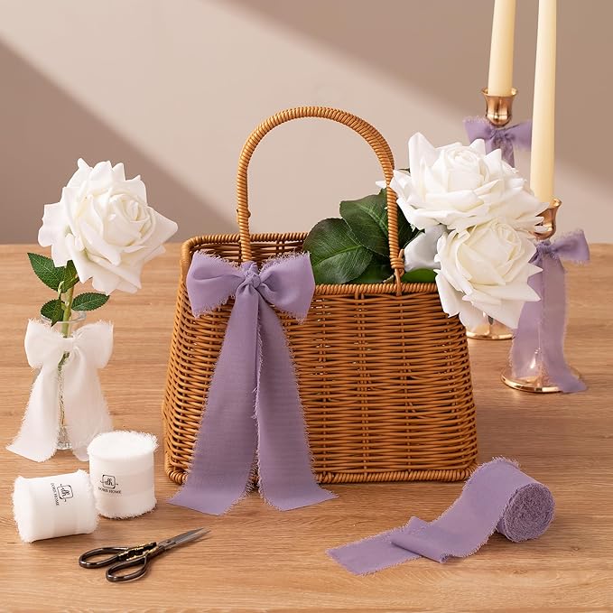 DORIS HOME 2" x21Yd Chiffon Ribbon for Flower Bouquet, Purple & Ivory Fabric Ribbon for Gift Wrapping, Handmade Frayed Ribbon for Wedding, Chiffon Silk Ribbon for Christmas Decorations
