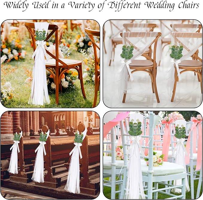 26 Sets of Wedding Aisle Decorations, White Tulle Chair Sashes with Bow Ribbons and Artificial Eucalyptus Stems for Church Pews, Wedding Ceremony Chair Decor