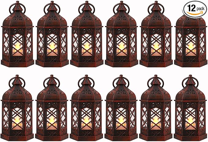 LLQ 12PCS Brushed Red Mini Lantern with LED Tealight for Halloween Decorations, Small Moroccan Lanterns for Wedding Decor, Vintage Christmas Lights for Table Centerpiece, Hanging Ornaments Bulk