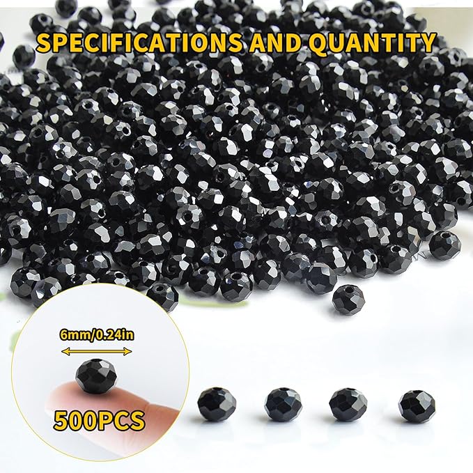 500Pcs 6mm Crystal Glass Beads for Jewelry Making Beads for Bracelets Necklace Pendants Making Supplies(Black)