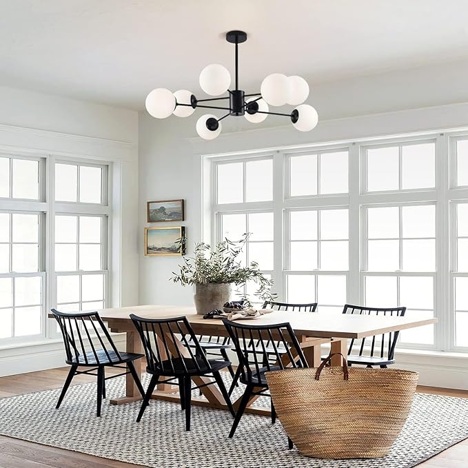 KCO Lighting Black Sputnik Chandelier Ceiling Mount 8-Light Glass Globe Sputnik Chandelier Mid Century Modern Chandelier Light Fixture Kitchen Island Sputnik (Black+White)