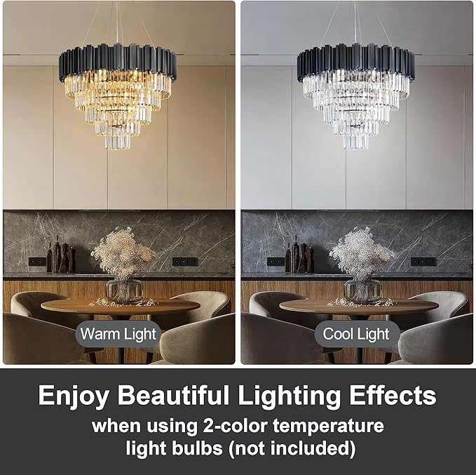 27.5" Black Crystal Chandelier, 9-Light Modern Luxury Round Chandelier, 5-Tier Contemporary Tiered Chandeliers Light Fixture for Dining Room, Living Room, Bedroom, Foyer, Entryway, Kitchen