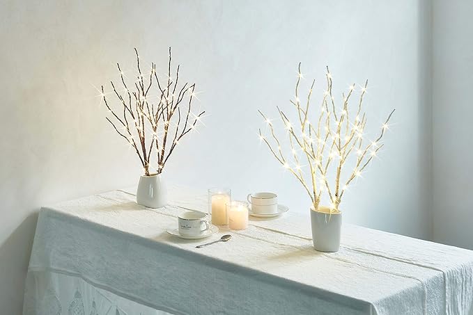 Fudios Lighted Birch Branches 18IN 70 White Willow LED with Timer Battery Operated for Christmas Party Wedding Decoration Twig Lights Outdoor