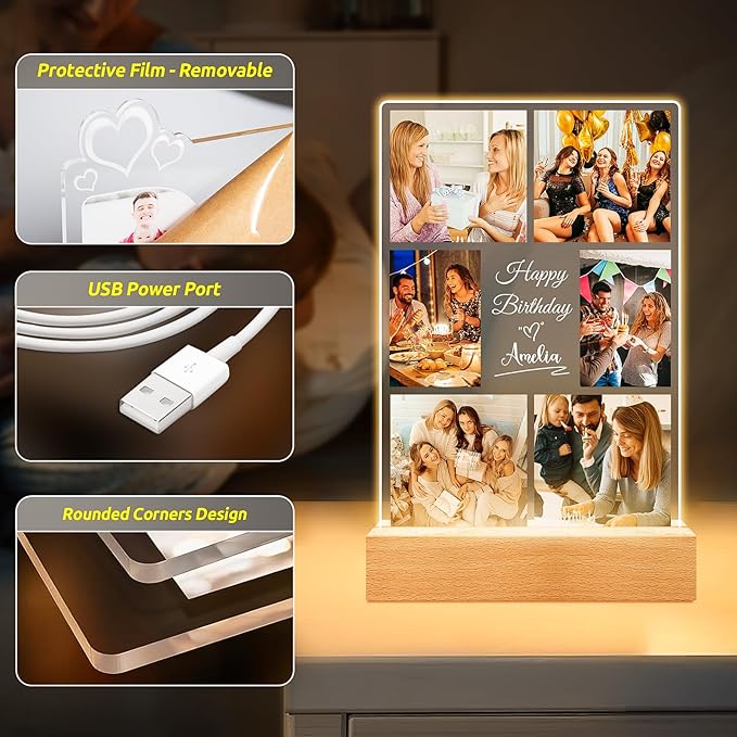 Custom Picture Frames with Photo, Personalized Collage Picture Frame with Night Light, Custom Photo Frame, Customized Best Friend Photo Gifts, Personalized Birthday Gifts for Women Friends Her Him