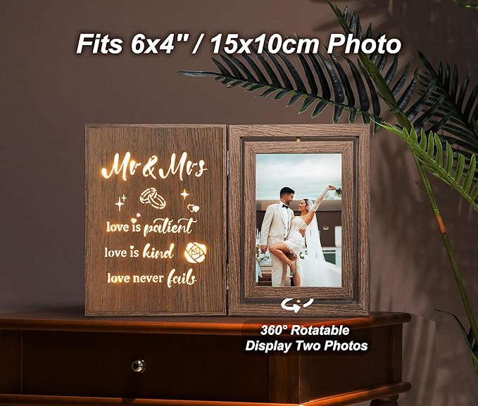 Light Up Wedding Picture Frame for Couples – Wooden Rotating Glowing 4x6 Double Photo Frame with MR & MRS Quote, Rustic Wedding Gifts for Newlyweds & Bridal Shower Gifts