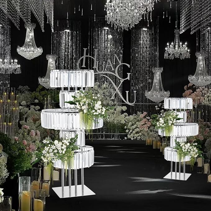 Silver Crystal Vases for Centerpieces, 47.2in Metal Pedestal Stands for Table Chandelier Centerpiece Wedding, 5 Tier Round Flower Stand for Wedding Reception Birthday Party Events Home Decor