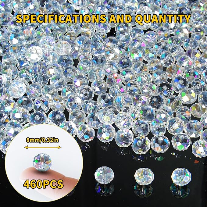 460Pcs 8mm Crystal Glass Beads for Jewelry Making Beads for Bracelets Necklace Pendants Making Supplies(White AB Color)