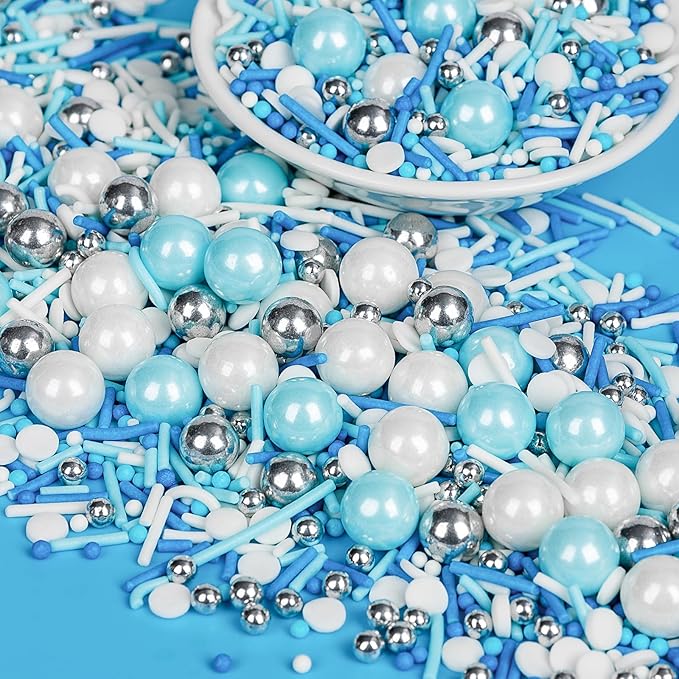 Edible Blue Silver White Sprinkles,Winter Jimmies Pearls Mix,130g/4.58oz,Perfect for Cake Decorations,Cake and Cupcake Sprinkles with Assorted Shapes and Sizes for Parties Baking, Ice Cream, Cookies, Cupcake Topper