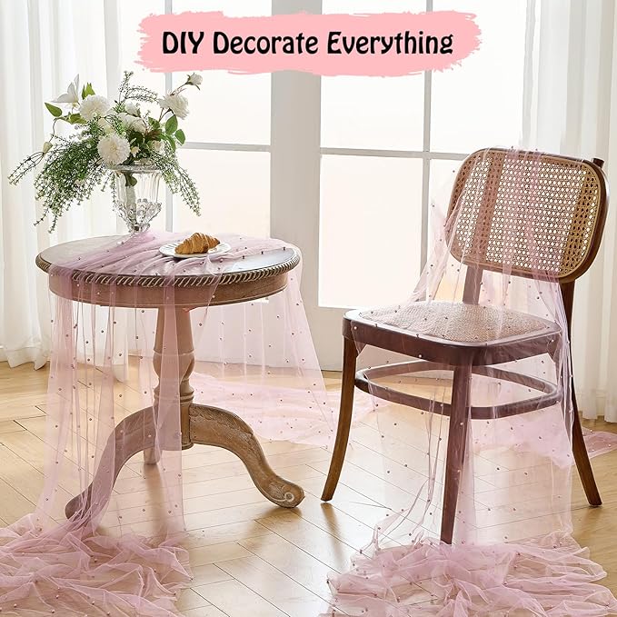 Fanami 6 Pack Pearl Table Runner -10FT Blush Pink Boho Tulle Table Runners 120 Inches Long Rustic Sheer Lace Fabric Centerpieces for Wedding Arch Birthday Party Bridal Veil Baby Shower Decorations