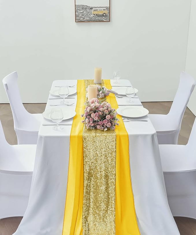 2 Pack 10Ft Chiffon Yellow Table Runner Sheer 29x120 Inch for Romantic Wedding Decor Bridal & Baby Shower Birthday Rustic Party Decoration