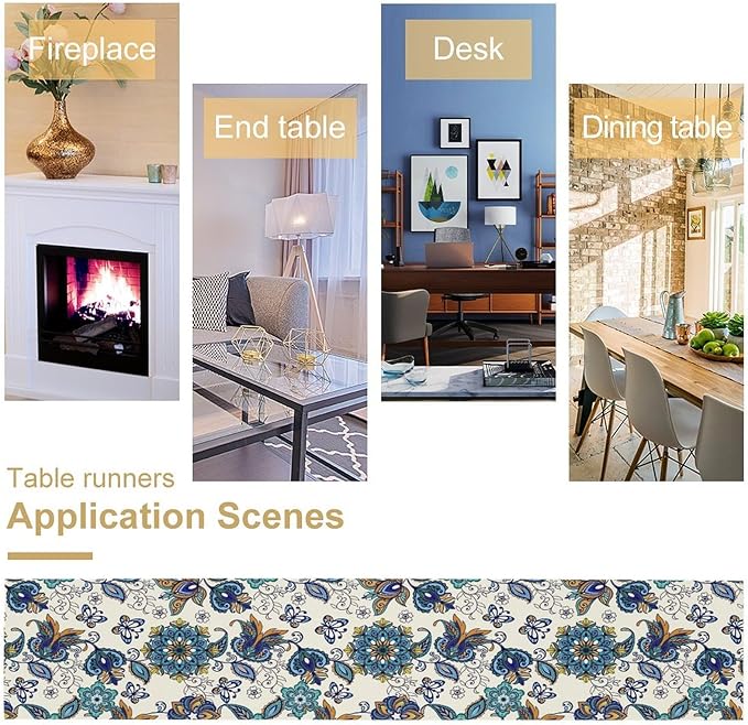 Oriental Paisley Table Runner, Luxury Vintage Blue Teal Floral Butterflies Print Table Runner for Home Dining Kitchen Coffee Table Party Decor, 13x108inch