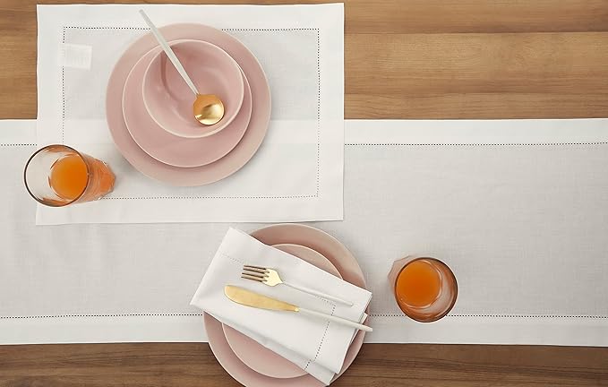 Solino Home White Table Runner 36 Inches - Cotton Linen Hemstitch Coffee Table Runner 14 x 36 Inch Ideal for Dresser Tables - Fall, Autumn, Halloween, Thanksgiving, Christmas, Holiday