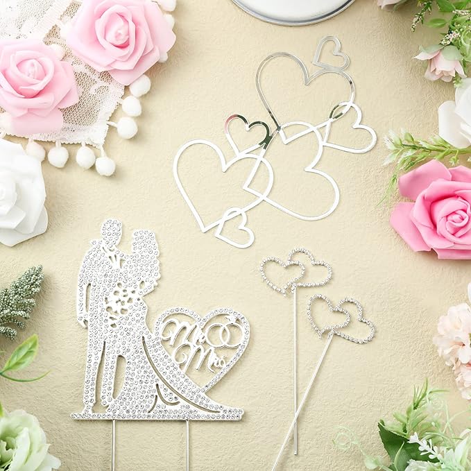 Spiareal 4 Pcs Wedding Cake Topper Mr and Mrs Rhinestone Bride and Groom Love Cake Topper Metal Crystal Heart Shaped Happy Engagement Anniversary Funny Diamond Party Decor for Bridal Shower(Silver)