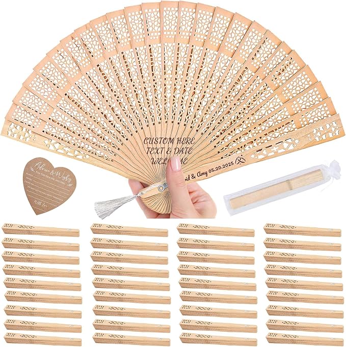 150pcs Personalized Wedding Fans for Guests - Custom Wooden Hand Fans with Names/Dates - Bulk Wedding Favors for Bridal Shower, Baby Shower & Parties (Wood, 150pcs)