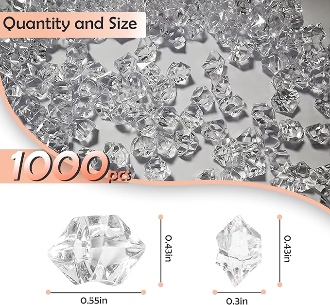 1000Pcs Clear Fake Crush Ice Rocks, Mini Vase Fillers Small Acrylic Diamonds for Centerpieces Home Party Table Scatter, 0.5in Plastic Gems for DIY Crafts
