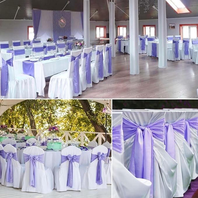 100 PCS Satin Chair Sashes Decorative Bow Chair Sashes Ties Back Ribbon Bows Chair Cover Band for Wedding Birthday Party Ceremony Reception Events Banquet Home Kitchen Decor(7 x108inch,Light Purple)